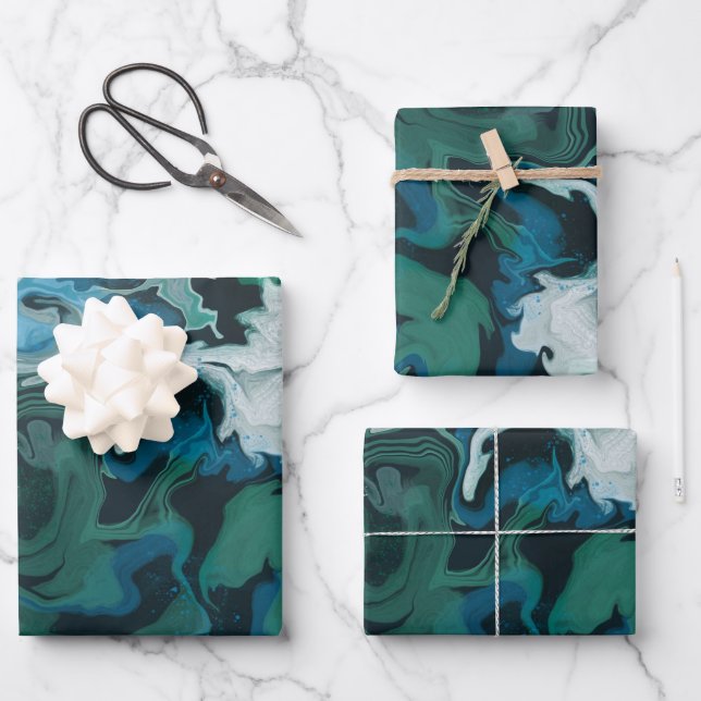 Blue Green Marbled Brushstrokes Handmade Art Wrapping Paper Sheet (Front)