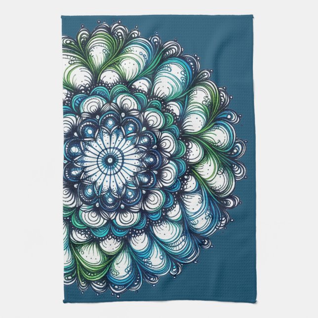 Blue Green Medallion - Abstract  Kitchen Towel (Vertical)