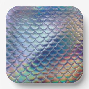 Blue Green Mermaid Fish Scales Holographic Trendy  Paper Plate