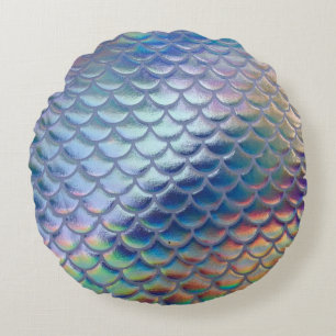 Blue Green Mermaid Fish Scales Holographic Trendy Round Pillow