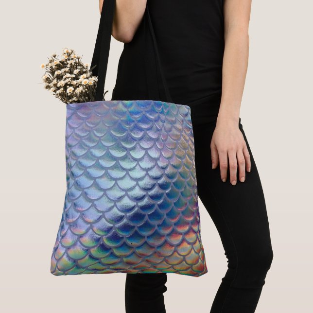 Blue Green Mermaid Fish Scales Holographic Trendy  Tote Bag (Close Up)