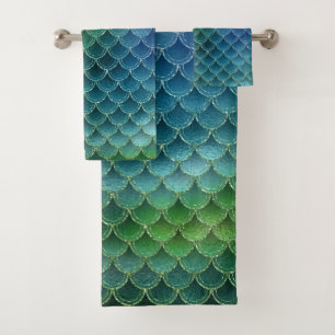Blue & Green Mermaid Pattern  Bath Towel Set
