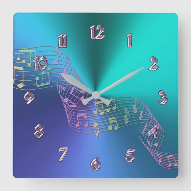 Blue Green Metallic Rainbow Music Notes Clock (Front)