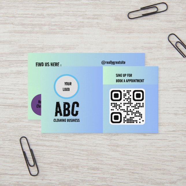 Blue Green Mixed Cleaning Services QR Code  Business Card (Front/Back In Situ)