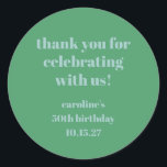 Blue Green Modern Custom 50th Birthday Thank You Classic Round Sticker<br><div class="desc">Bold Blue Green Cute Simple Modern Custom 50th Birthday Thank You Classic Round Sticker</div>