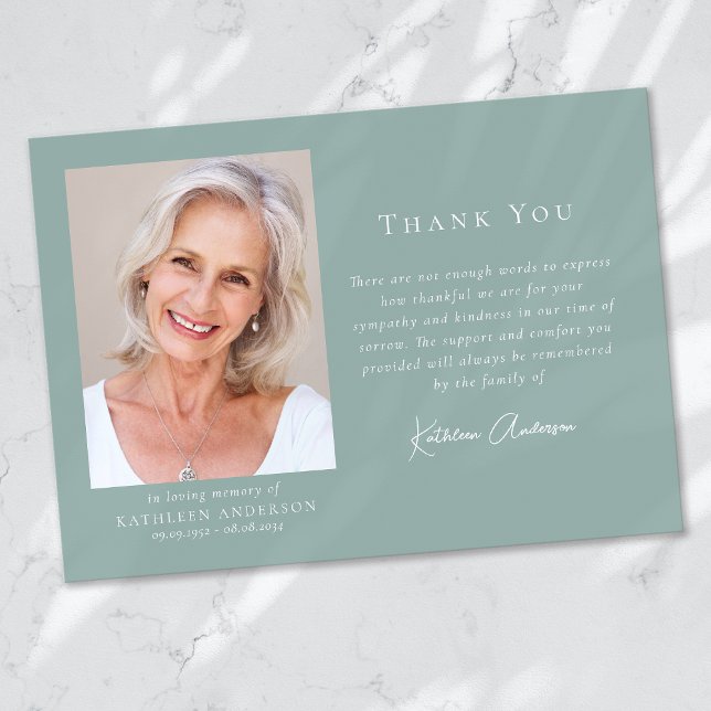 Blue Green Modern Script Photo Funeral Thank You Card (Creator Uploaded)