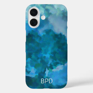 Blue & Green Modern Watercolor Custom Monogrammed iPhone 16 Case