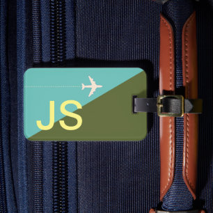 blue green monogrammed Airplane Travel Luggage Tag