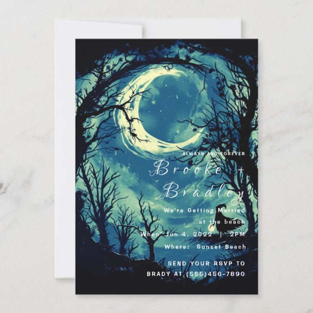 Blue‑Green Moonlit Gothic Wedding Invitation (Front)