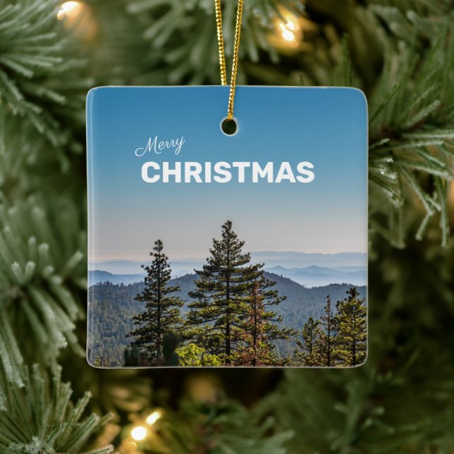 Blue & Green Nature California Forest Photo Hiking Ceramic Ornament (Tree)