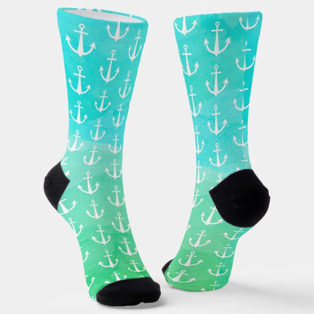 Blue Green Nautical Anchor Pattern Socks (Angled)