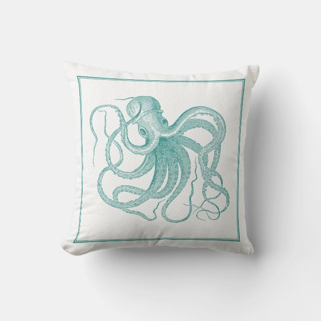 Blue-green Nautical Octopus Vintage Design Throw Pillow (Front)