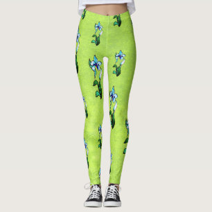 Blue green neon flowers on abstract green leggings