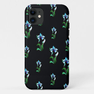 Blue green neon flowers on black iPhone 11 case