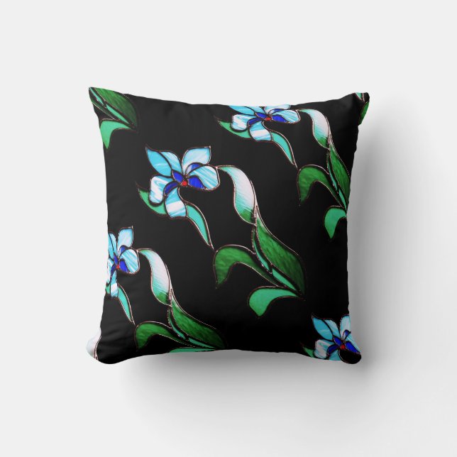 Blue green neon flowers on black throw pillow (Front)