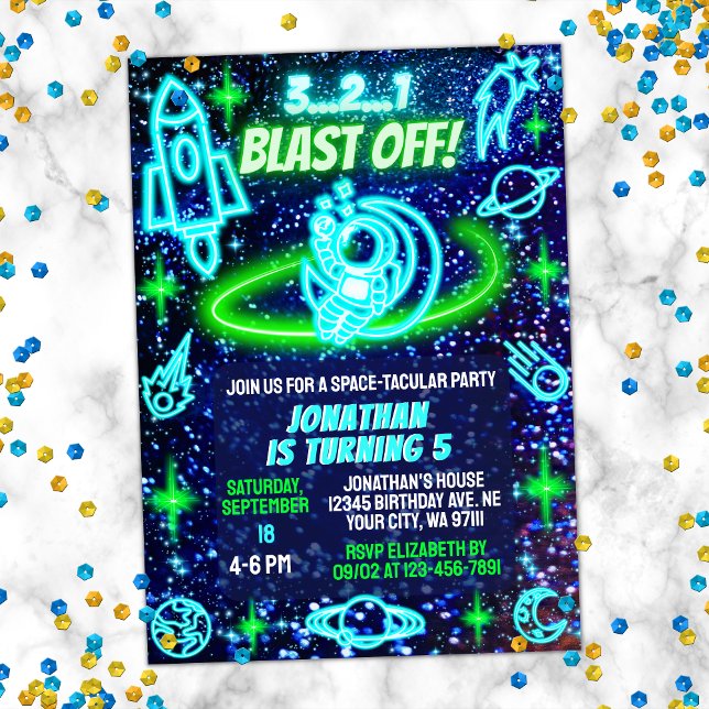 Blue Green Neon Glowing Outer Space Boys Birthday Invitation (Creator Uploaded)