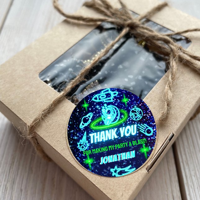 Blue Green Neon Glowing Space Astronaut Thank You Classic Round Sticker (Creator Uploaded)