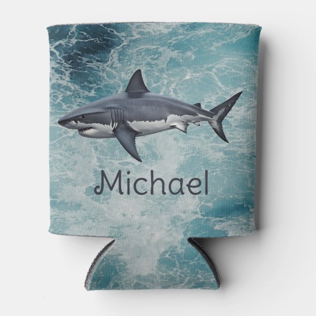 Blue Green Ocean shark fish Personalized Can Cooler (Front)