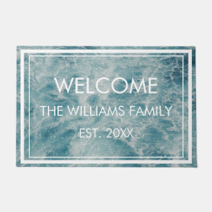 Blue Green Ocean Summer Beach Family Name Custom  Doormat
