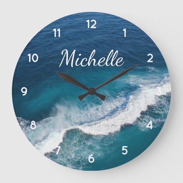 Blue Green Ocean Summer Beach Waves  Custom  Name Large Clock (Front)