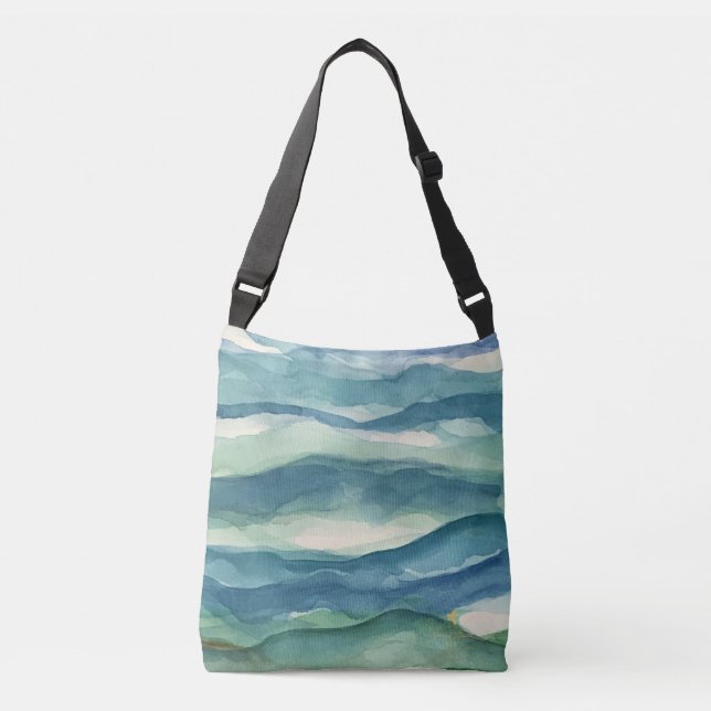 Blue-Green Ocean Watercolor Crossbody Tote (Front)
