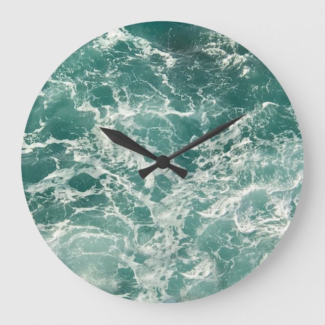 Blue Green Ocean Waves Large Clock (Front)