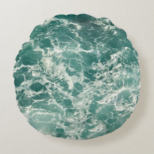 Blue Green Ocean Waves Round Pillow