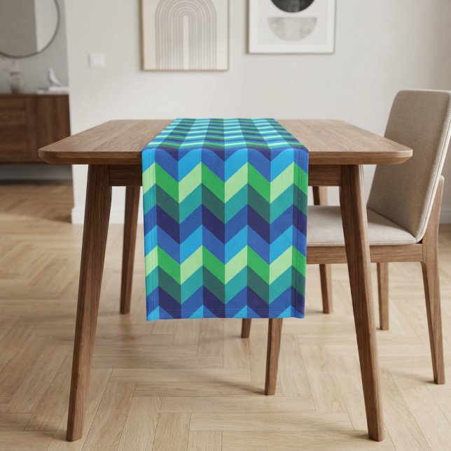 Blue Green Ombre Chevrons Small Table Runner (Blue Green Ombre Chevrons Small Table Runner covering a table in a modern style dining room.)