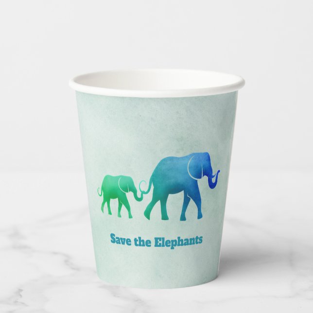 Blue Green Ombre Elephant Cow Calf  Paper Cups (Back)