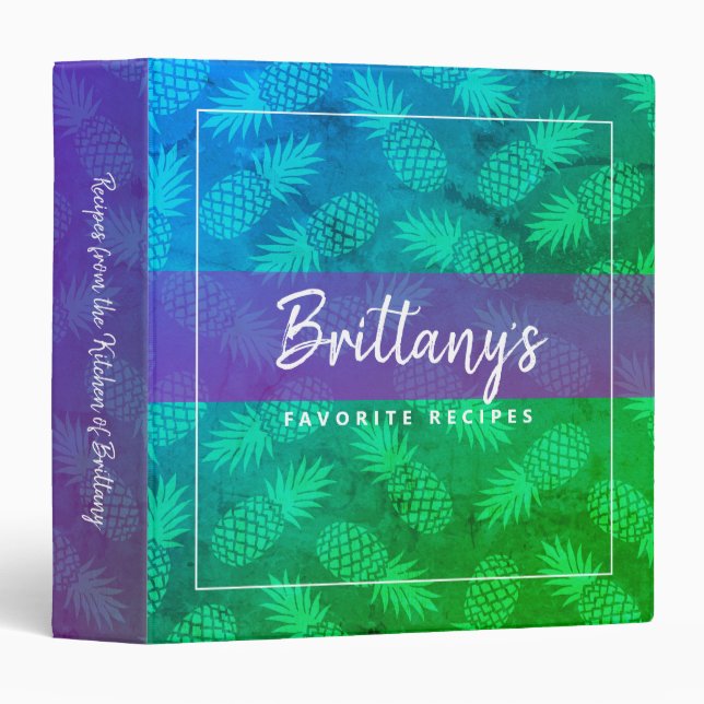 Blue green ombre recipe cookbook pineapple bold binder (Front/Spine)