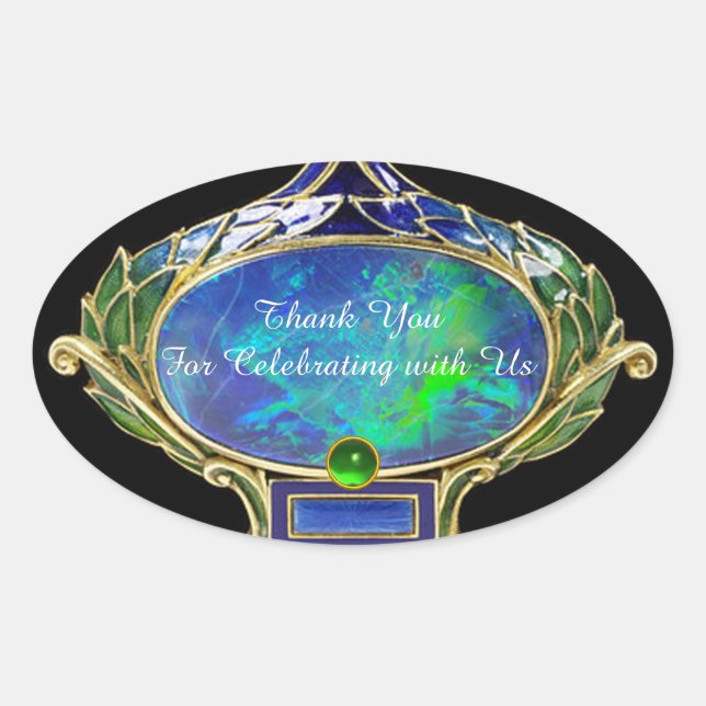BLUE GREEN OPAL ,ART NOUVEAU GOLD JEWEL Thank you Oval Sticker (Front)