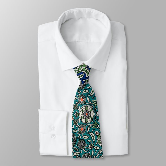 Blue Green Orange Teal Ornate Arabic Pattern Tie (Tied)