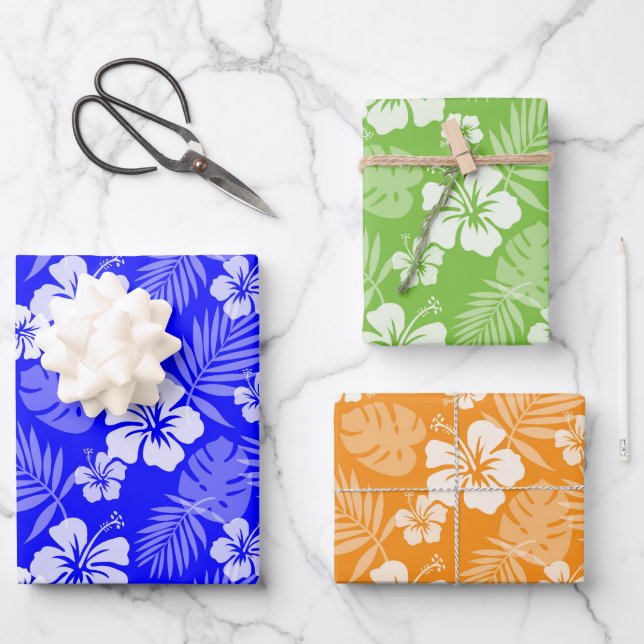 BLUE GREEN ORANGE TROPICAL HIBISCUS FLOWERS WRAPPING PAPER SHEET (Front)