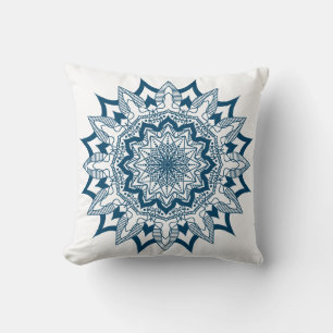 Blue-green ornate symmetrical mandala throw pillow