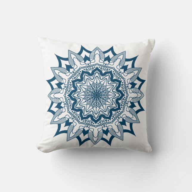 Blue-green ornate symmetrical mandala throw pillow (Front)