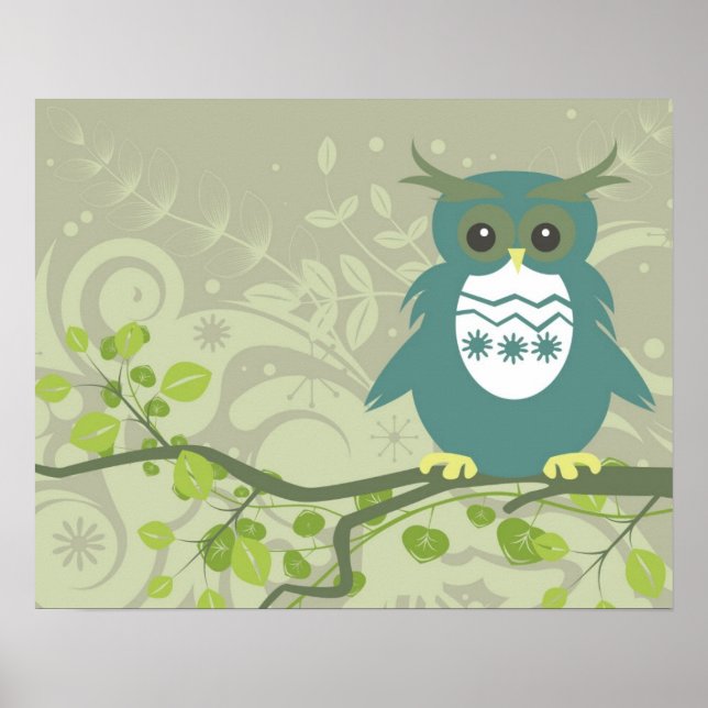 Blue Green Owl on Tree Limb Poster (Front)