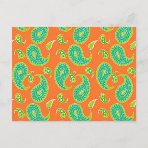 Blue-Green Paisley on Bright Orange Postcard