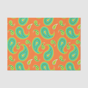 Blue-Green Paisley on Bright Orange Tissue Paper