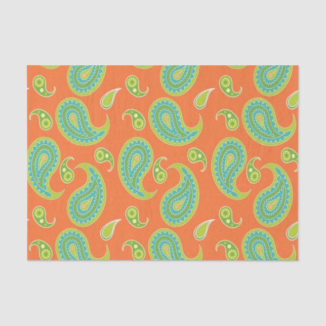 Blue-Green Paisley on Bright Orange Tissue Paper (Front)