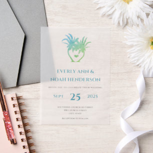 Blue Green Palm TrSimple Modern Minimalist Wedding Vellum Invitations