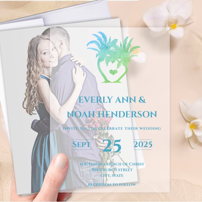 Blue Green Palm TrSimple Modern Minimalist Wedding Vellum Invitations (Creator Uploaded)