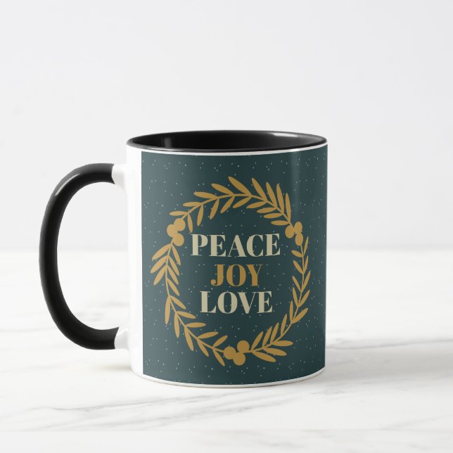 Blue-Green Peace, Joy, Love Gold Christmas Wreath Mug (Left)