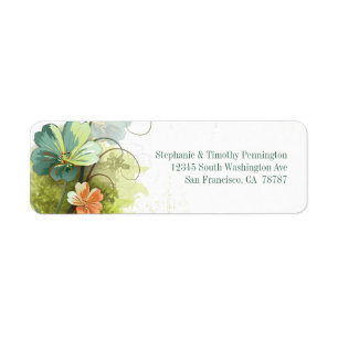 Blue green + peach floral wedding address label