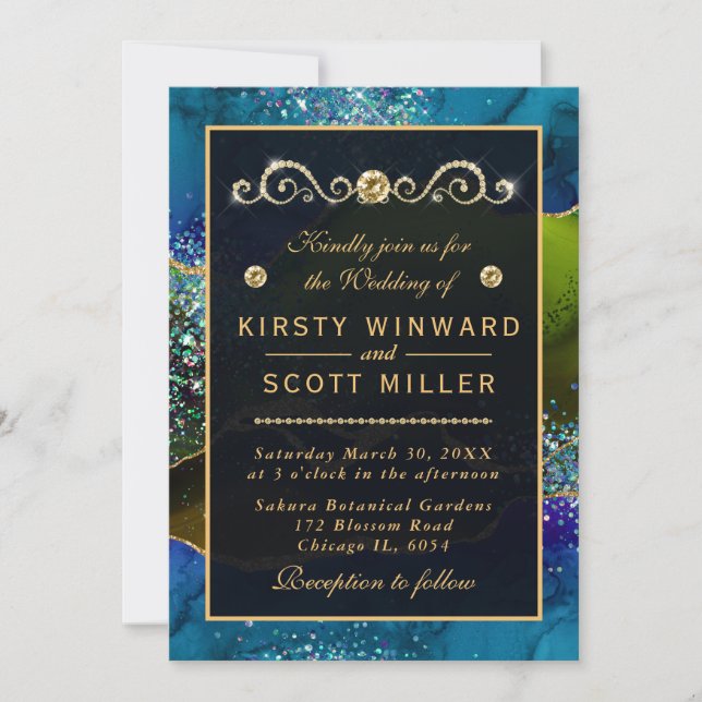 Blue & Green Peacock Agate & gold glitter Wedding Invitation (Front)