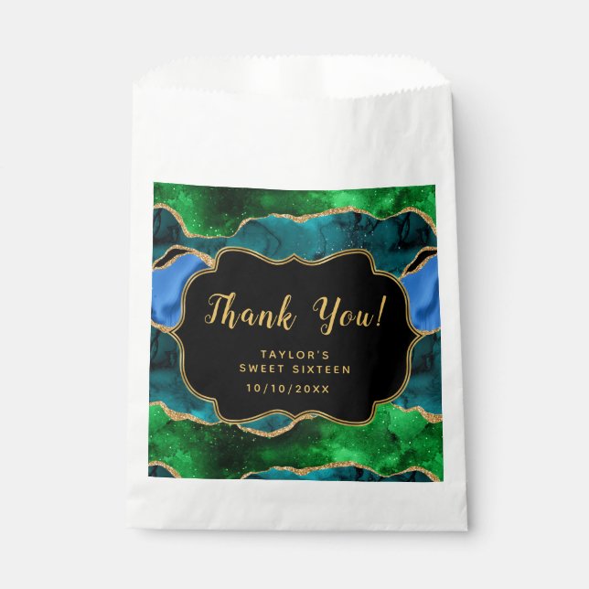 Blue Green Peacock Agate Sweet Sixteen Thank You Favour Bag (Front)