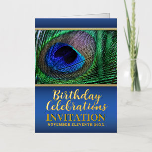 Blue Green Peacock Feather Special Event Birthday Foil Holiday Card