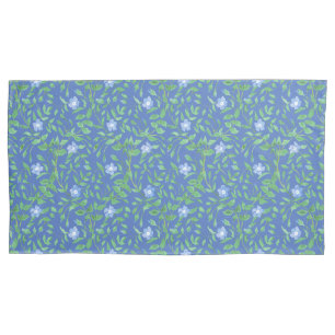 Blue Green Periwinkle Floral Pattern on Royal Blue Pillowcase