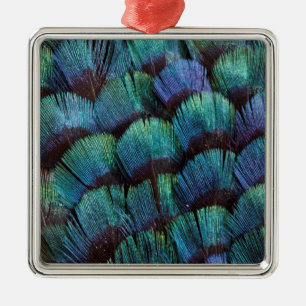 Blue-green pheasant feather design metal ornament