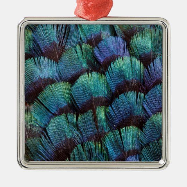 Blue-green pheasant feather design metal ornament (Front)
