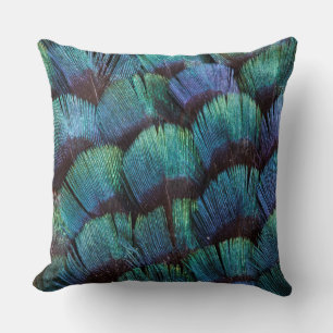Blue-green pheasant feather design throw pillow